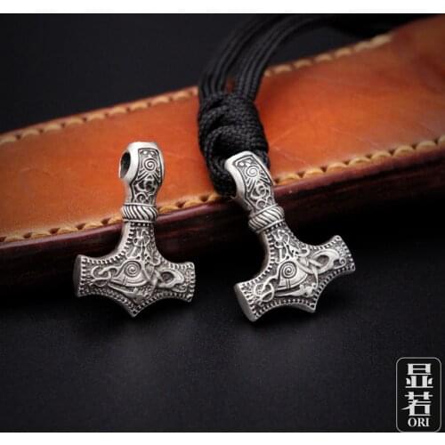 S990 Sterling Silver Viking Wolf heads with thors hammer mjolnir pendant leather men necklace as christmas gift Thai Silver