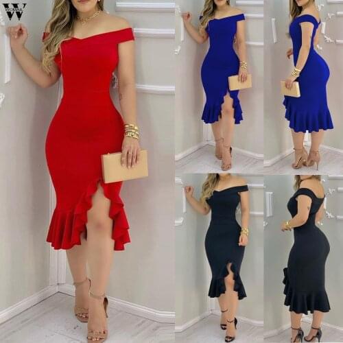 Sexy Dress Women Soild deep v Neck Ruffles Elegant Dress Bandage Bodycon Backless Club Party Dress Red Black Hem Slit Slim Dress
