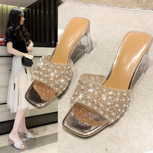 Slippers Women Summer Outside Transparent 7cm High Heels Modern Slippers Fashion Blingbling Sexy All-match Square Heel Beaded