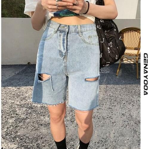 Genayooa Streetwear Denim Shorts Women Hole Korean High Waist Jean Shorts Women Summer 2021 Cool Biker Shorts Feminino Ladies
