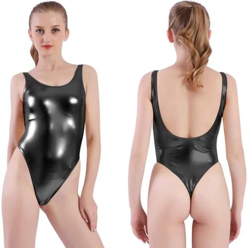 Speerise Plus Size Fashion Womens Shiny Metallic Leotard Jumpsuit High Cut Shaper Beach Bathing Sexy Backless One Piece Bodysuit