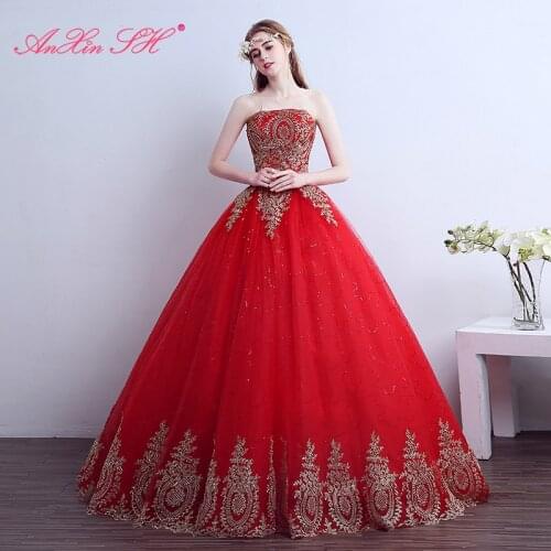 AnXin SH red lace flower princess bride wedding Dress vintage golden sparkly luxury turkey strapless red wedding dress