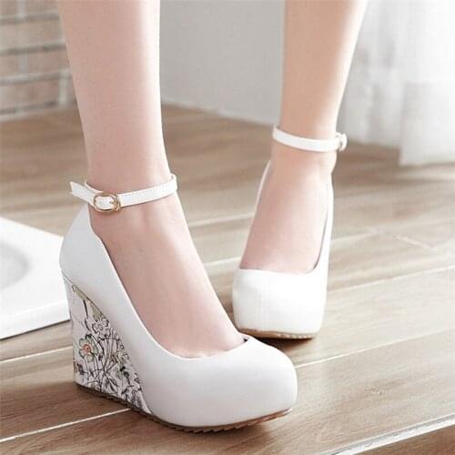 Wedges Shoes for Women Platform High Heels Pumps Ladies Ankle Strap Party Dress Office Work Shoes White Black Size 9 10 41 42 43