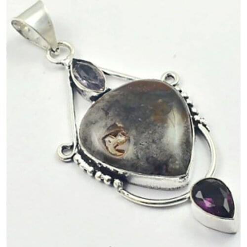 Turtella Jaspers & Amethysts Pendant Silver Overlay over Copper, Total Length: 80mm , P4048