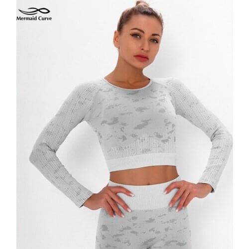 Mermaid Curve Power Series Sports Tights Camouflage Lines Women Top Quick Dry Running Yoga Seamless Fitness Long Sleeved T-shirt