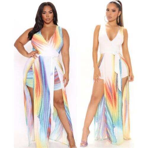 3xl 4xl 5xl Plus Size Womens Outfit Sexy V Neck Gradient Belt Split Fork Dress Temperament Party Dresses Wholesale Dropshipping