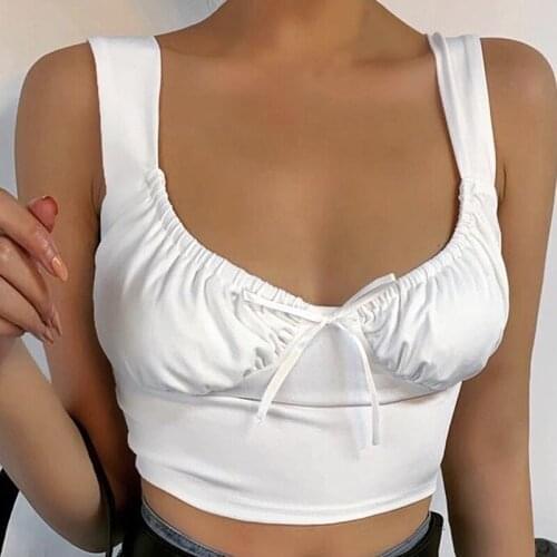 Women Tank Tops Summer Sexy Solid Color Bow Knot Pleated Crop Tops Female Backless Tank Tops Streetwear Fashion 2020 New