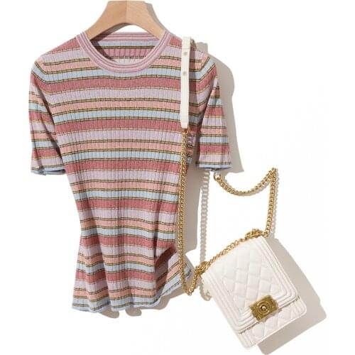 2021 Summer Womens Silk Flax Casual Short Sleeve Thin Round Neck Slim Fit Stripe Pullover Cardigan