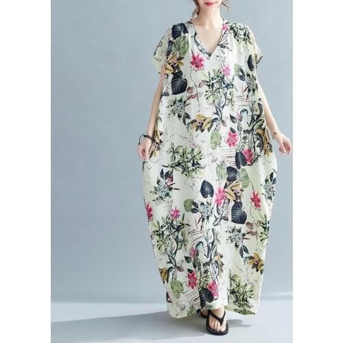 Print Floral Dress 2021 New Arrival Thin Soft Cotton Satin Loose Oversized Summer Dress V-neck Holiday Travel Casual Women Dress