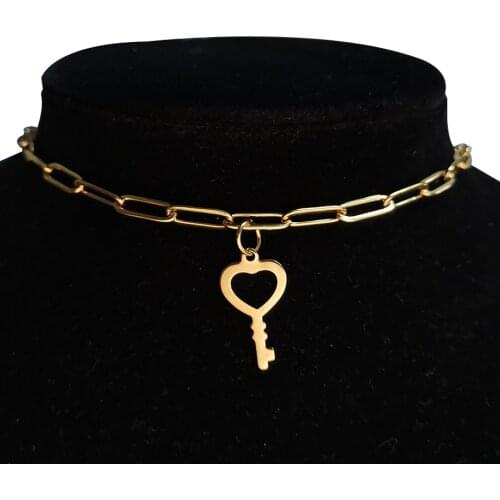 Punk Clavicle Chain Choker Necklace Collar Statement Gold Color Stainless Steel Key Cross Pendant Necklaces for Women Jewelry