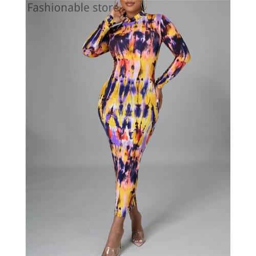 Women Print Long Sleeve Zipper Design Bodycon Dress