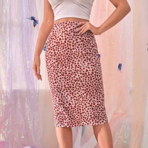 2021 Women Slim high Waist Heart Print Sweet skirt New Spring Spliting Girls Pencil dress