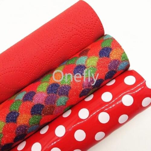 Onefly 21X29CM Mermaid Glitter Fabric, Dots Printed Synthetic Leather Fabric Sheets For Bow DIY handbags shoes DQ016