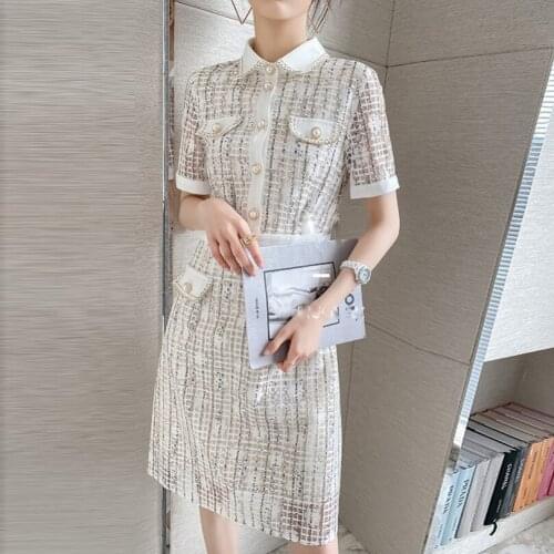 JSXDHK S-XXL Summer Lace Dress High Quality Women Turn Down Collar Pearl Button Short Sleeve Splicing White Party A Line Dresses