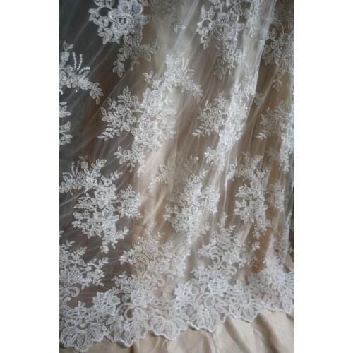 Ivory embroidered lace fabric florals mesh embroidered lace fabric for haute couture, bridal wedding lace fabric