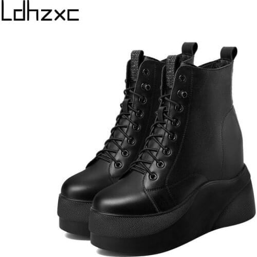 LDHZXC Wedges High Heel Ankle Boots for Women Work Shoes Comfortable Platform New Autumn Boots for Shopping Zipper Big Size