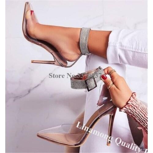 Linamong Brand Fashion Pointed Clear PVC Stiletto Heel Rhinestone Strap Pumps Transparent Crystal Ankle Buckles High Heels Shoe