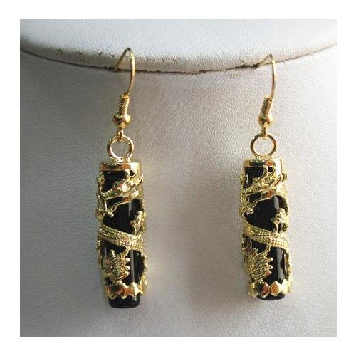 Fancy black natural jade FINE JEWELRY Dragon Earring