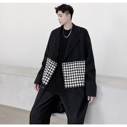 Autumn Winter Mens Wool Blends Long Coat Checks Patchwork Overcoat Single Breasted N28