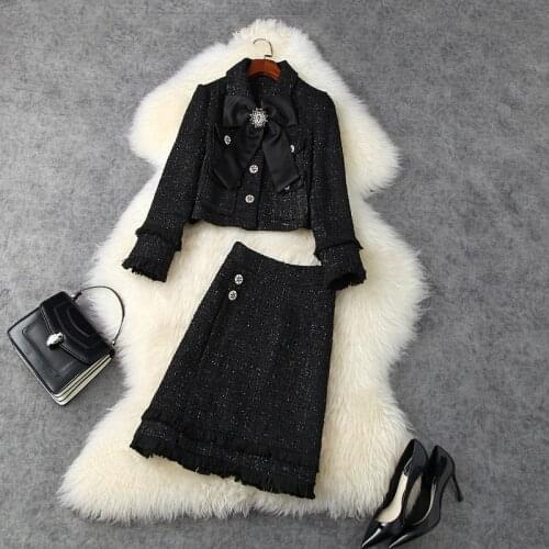 New 2020 autumn winter women formal tweed jacket diamonds beading bow short jackets outerwear and a-line skirt two piece outfits