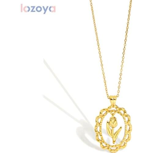 LOZOYA 925 Sterling Silver Gold Oval Rock Punk Flower Pendant Necklace Long Chain Women Fashion Jewelry Fine Jewels Luxury