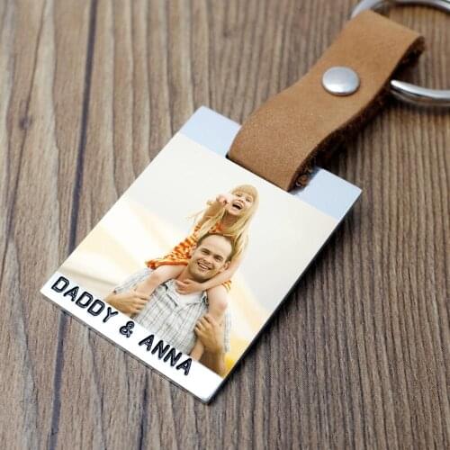 Custom Photo Keychain Personalized Picture Keyring,Engraved Names Leather Keychain Fathers Day Gift for Dad
