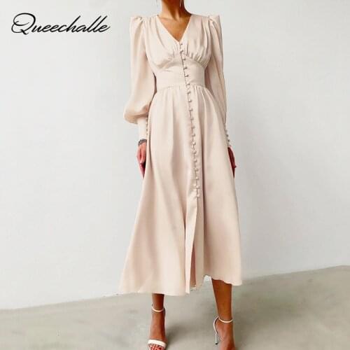 Deep V neck Long Sleeve Spring Dress Elegant Slim Waist Single Breasted A Line Dress Women Summer Vintage Party Midi Vestidos