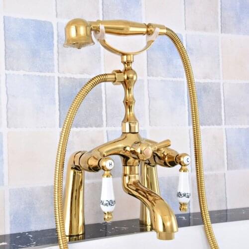 Luxury Gold Color Brass Deck Mounted Bathroom Tub Faucet Set with 1.5M Handheld Shower Spray Head Bath Mixer Tap 2tf788
