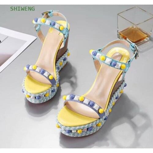 Fashion Sandals Women Shoes Summer Weave Straw Platform Sandals Heels Rivets Open Toe Rome Beach Sandalias For Women 2021
