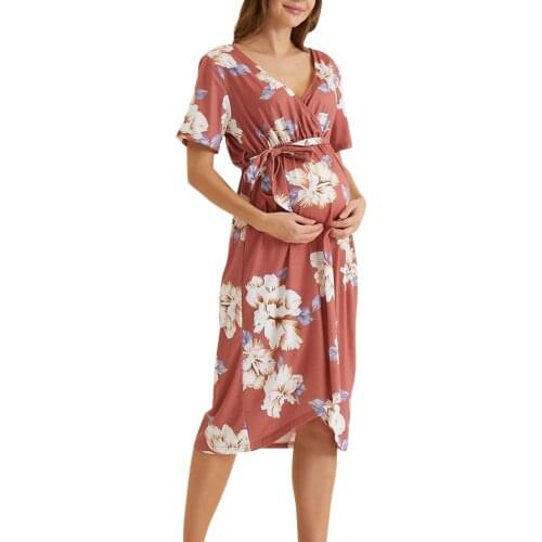 Sexy Maternity Dresses Short Sleeve Pregnancy Clothes Summer V-neck Floral Printed Dress For Pregnant Women Sundress Nightdress