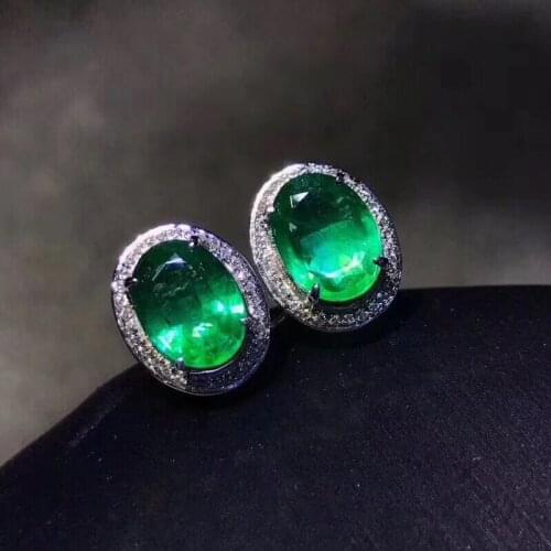 Natural emerald earring Free shipping Real original emerald 925 sterling silver 4*6mm 2pcs Gem