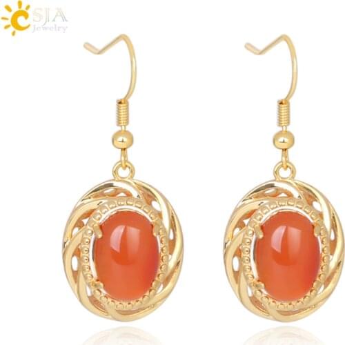 CSJA Natural Stone Earrings Vintage Red Onyx Oval Pendants for Ear Hook Drop Earring Gold Color Top Quality Jewelry Women F316