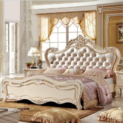 Modern european solid wood bed Fashion Carved leather french bedroom furniture pfy10183