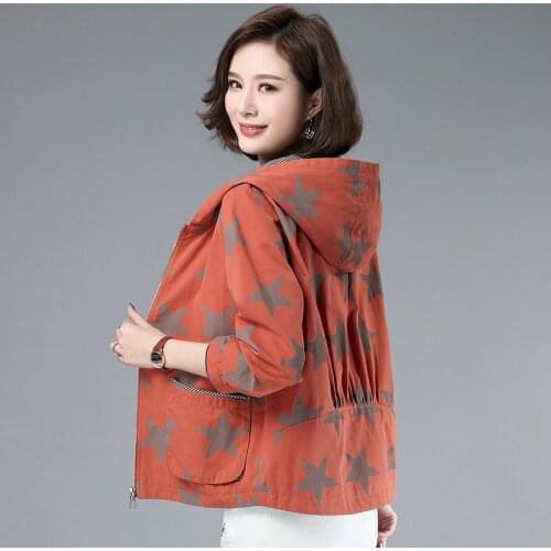 Spring Autumn Women Trench Coat New Fashion Printed Hooded Outerwear Loose Large size Middle-aged Short Windbreaker Female Tops