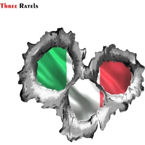 Three Ratels FC19 Bullet Hole Torn Metal 3 Shots With Italy Italian Flag Car Sticker PVC Decal For Motorcycle Skateboard Laptop