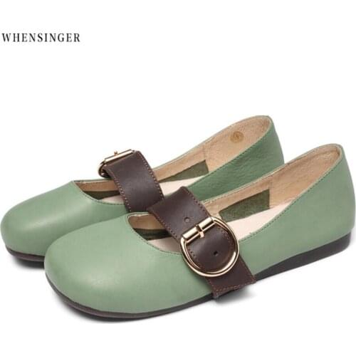 Whensinger - Women Flat Shoes loafers Genuine Leather Casual Buckle green Flats Shoe Vintage Elegant Fashion Ventilation