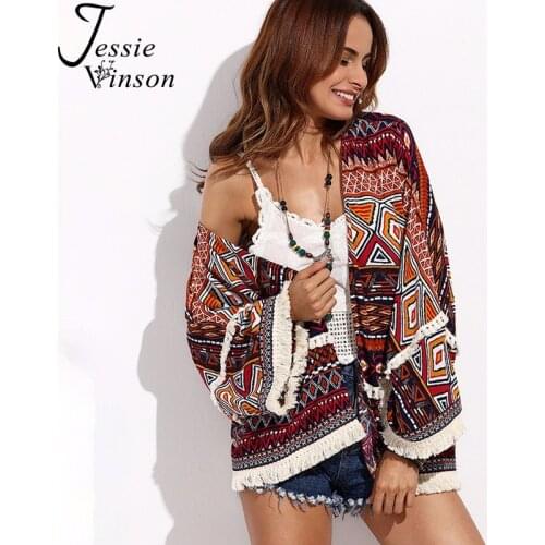 Jessie Vinson Bohemian Style Print Plus Size Tassels Cardigan Vintage Beach Cover-ups Kimono Blouse Tops for Women