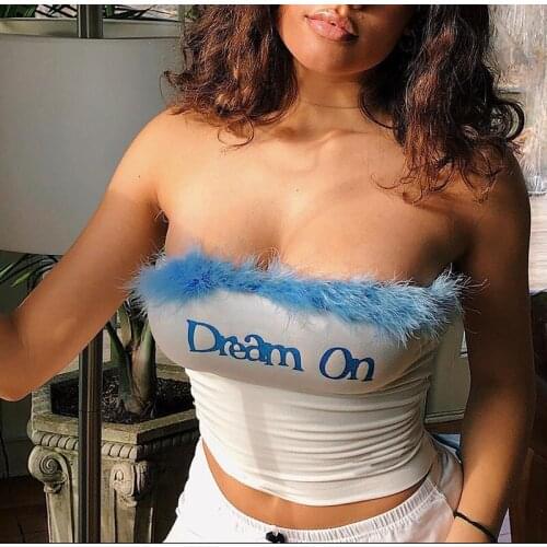 Sexy Solid Fleece Fur Letter Embroidery Slash Neck Crop Top 2021 Summer Women Off Shoulder Sleeveless Fluffy Tube Top Streetwear