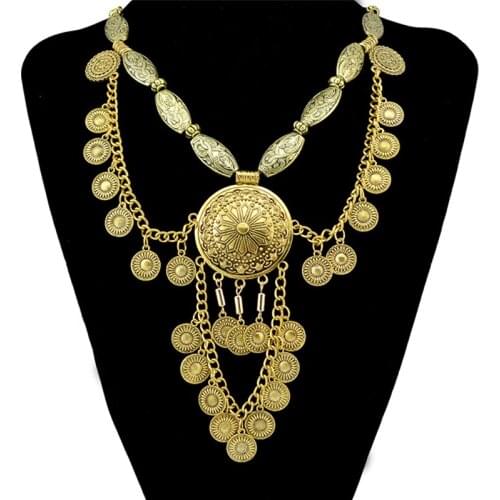 Ethnic Jewelry Wedding Accessories Hyperbole Multi Layer Alloy Coin Choker Long Statement Gold&Silver Color Necklace for Women