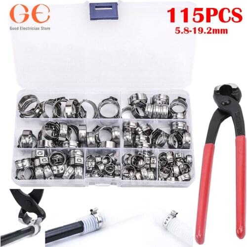 115pcs Single Ear Stepless Hose Clamps 5.8-23.5mm 304 Stainless Steel Hose Clamps Cinch Clamp Rings for Sealing Kinds of Hose