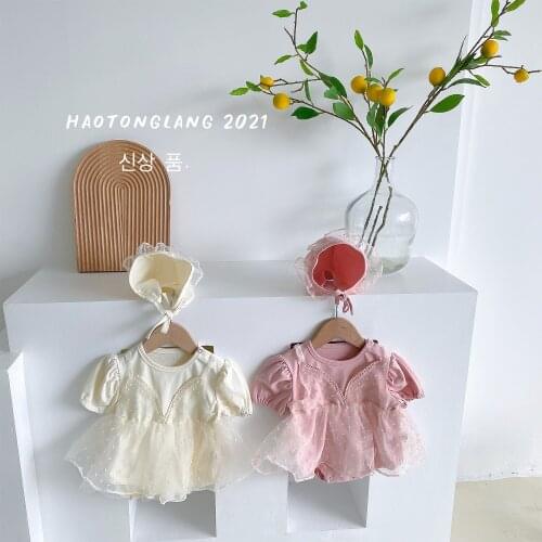 2021 Summer Girl Child Creeping Suit Lovely Princess Style Gauze Skirt Baby Girl Loose Short Sleeve Jumpsuit with Hat