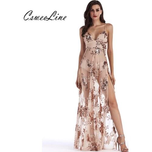 3 Color High Waist Two Split Spaghetti Straps Sequin Long Dress Mesh Double Side Slit Maxi Dresses Women Nightclub Party Dresses