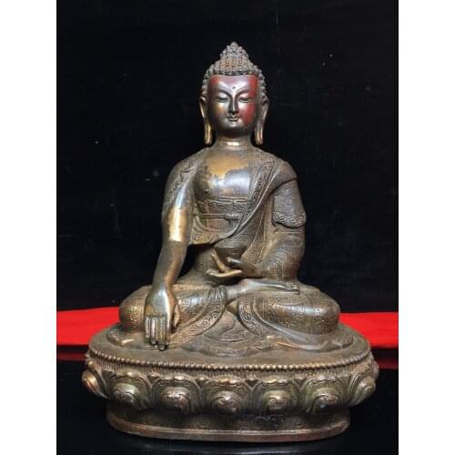 Home Decor 12"Tibet Buddhism Old Bronze Cinnabar Medicine Buddha Sakyamuni Amitabha Sitting Buddha Enshrine the Buddha