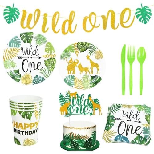 Wild One Birthday Party Balloons Jungle Party Forest Tableware Decoration Kids First 1st Birthday Safari Jungle Party Supplies