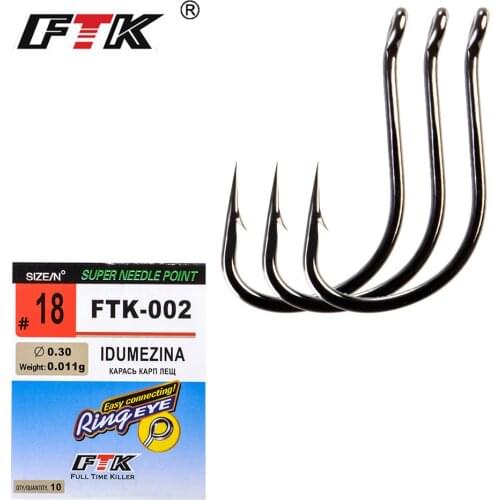 FTK High Carbon Steel Carp Hooks 7Pcs-10Pcs/Pack size 2#-22# Super Needle Point and Ring Eye IDUMEZIME For Fishing Tackle