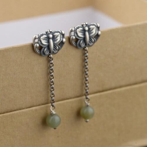 Fashion Silver Jewelry] Thai Silver Wholesale S925 Pure Silver TASSEL EAR Pin Female And Hetian Jade Earrings New Gift