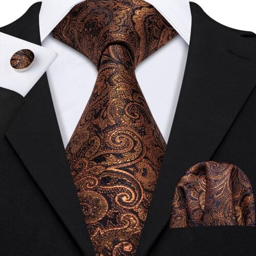 Barry.Wang Fashion Designer Gold Paisley Men Ties 8.5cm Wide Silk Tie Hanky Box Set Gifts For Men Wedding Groom Necktie LS-5157