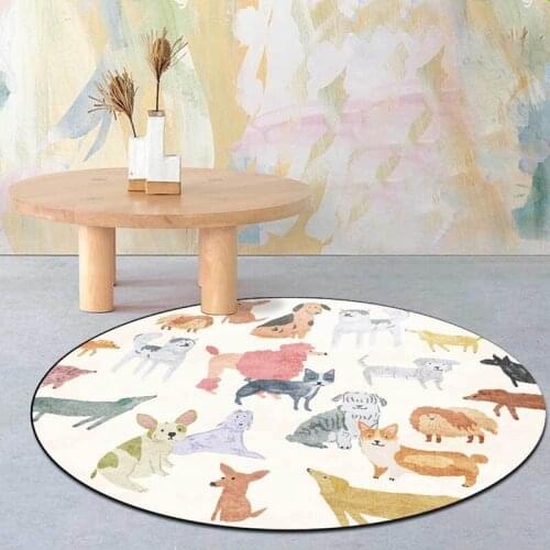 Nordic Style Livingroom Non-Slip Floor Mat Cute Cartoon Small Animal Dog Print Round Area Rugs Childrens Room Play Tent Carpet