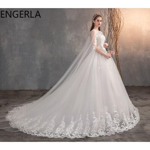 2021 New Chinese Wedding Dress with Long Cap Lace Gown Train Embroidery Princess Plus Szie Bridal