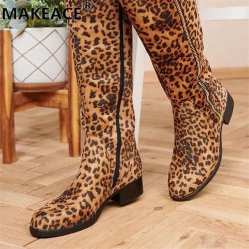 The New Fall 2021 Thigh-high Knee-high Womens Boots Are Stylish Low-heeled Leopard-print Fashion Boots with Platform Platforms